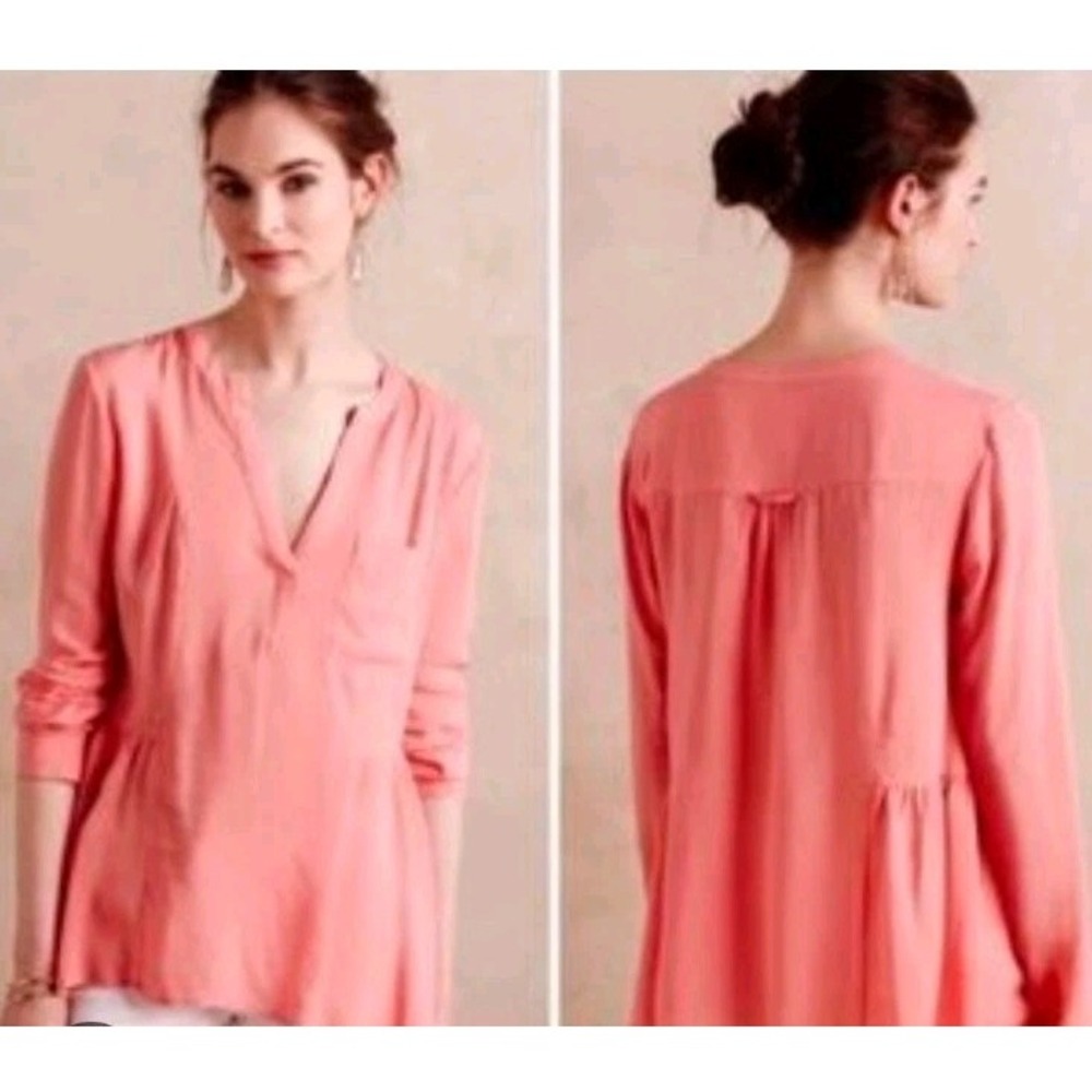 Maeve Anthropologie Updated Henley Peach Blouse Uneven Hem Shark Bite Size 2